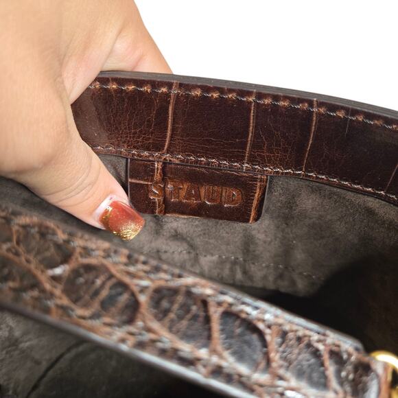Staud Bisset Brown Leather Bucket Croc-Embossed Shoulder Bag - Picture 8 of 10